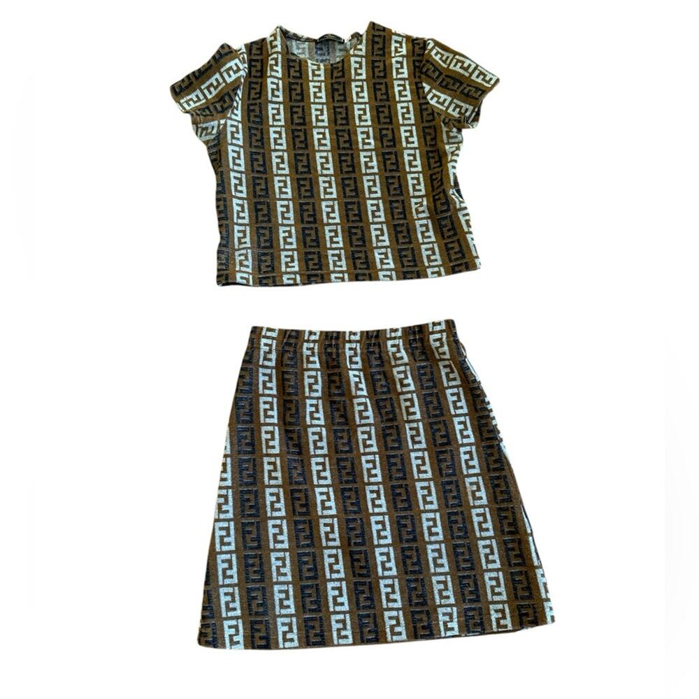 Vintage Fendi Mare Zucca Print Terry Cloth Crop Top & Mini Skirt Tube Top Set XS